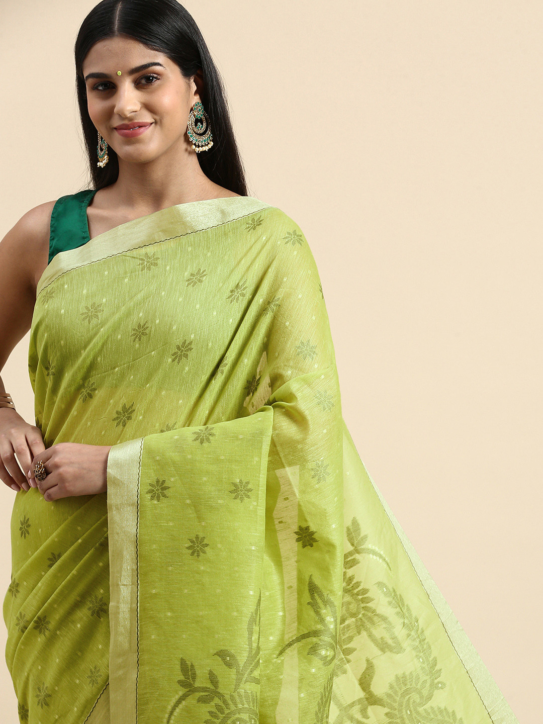 

VISHNU WEAVES Ethnic Motifs Zari Linen Blend Jamdani Saree, Green