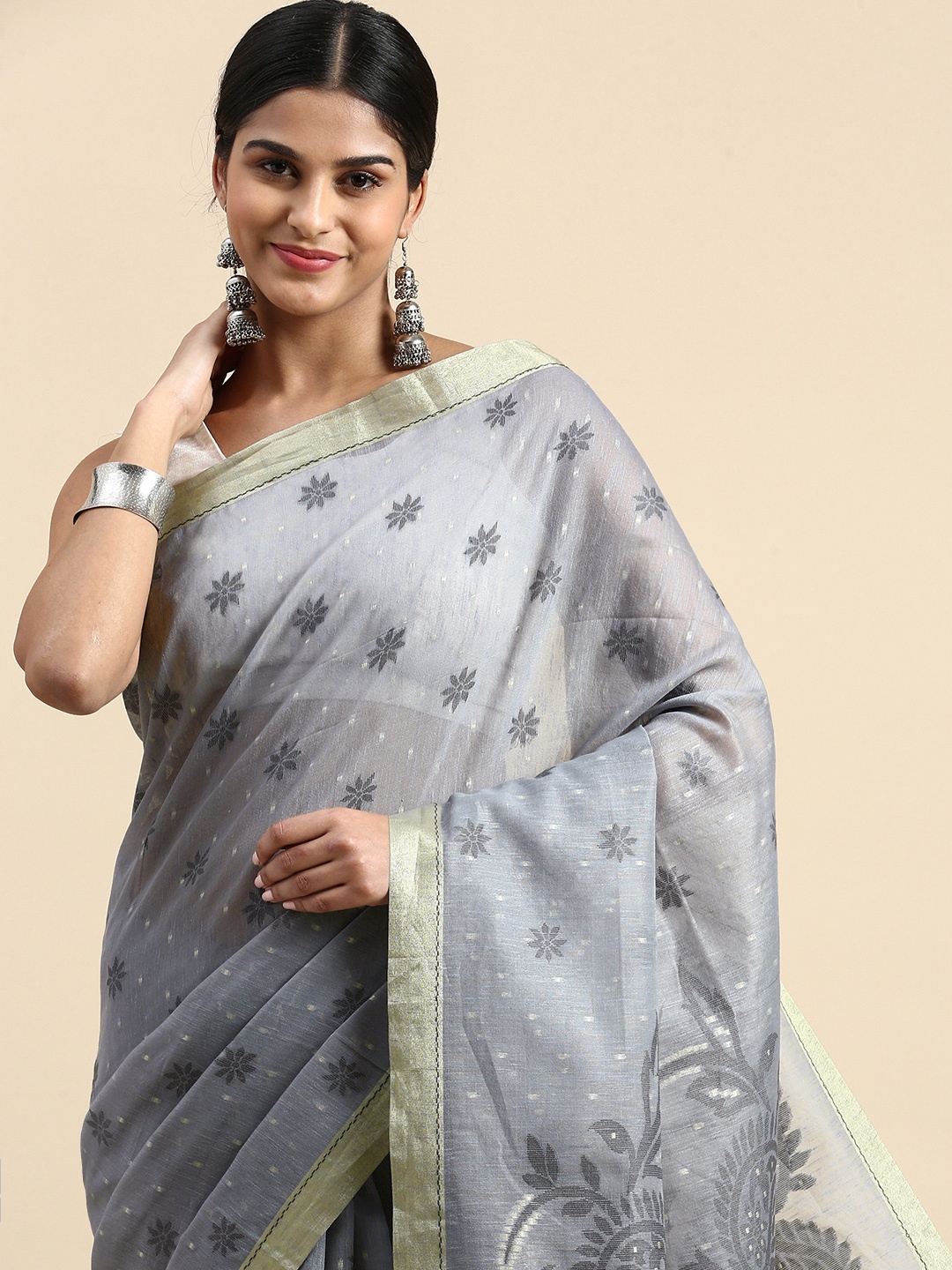 

VISHNU WEAVES Ethnic Motifs Zari Linen Blend Jamdani Saree, Grey