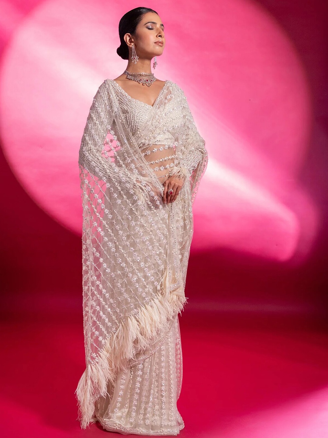 

ODETTE Embellished Net Saree, White