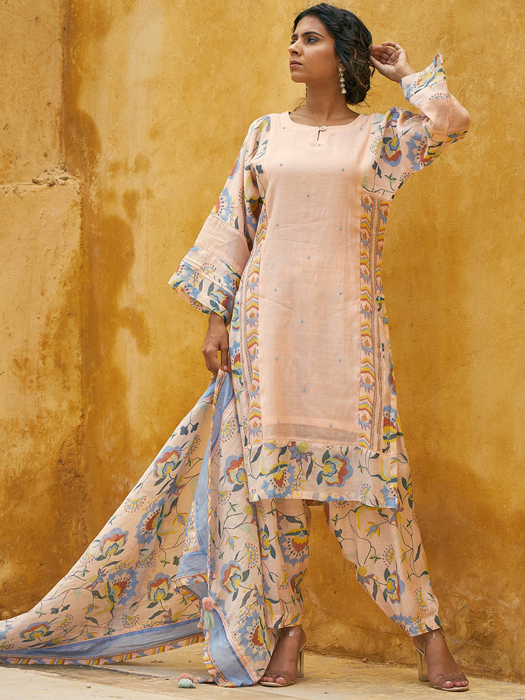 

Baise Gaba Floral Printed Panelled Chanderi Silk Kurta with Pyjamas & Dupatta, Peach