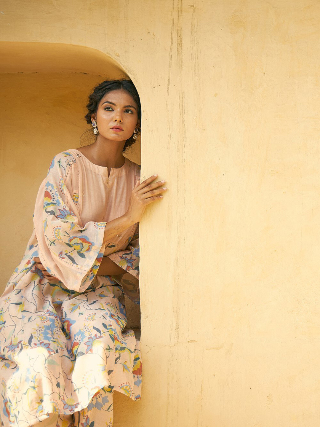

Baise Gaba Floral Printed Flared Sleeves Thread Work Chanderi Cotton Kurta, Peach