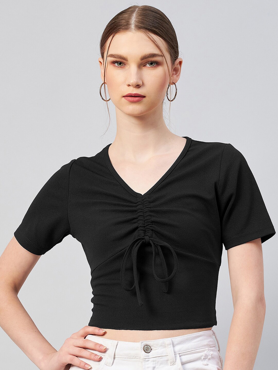 

RARE V Neck Ruched Crop Top, Black