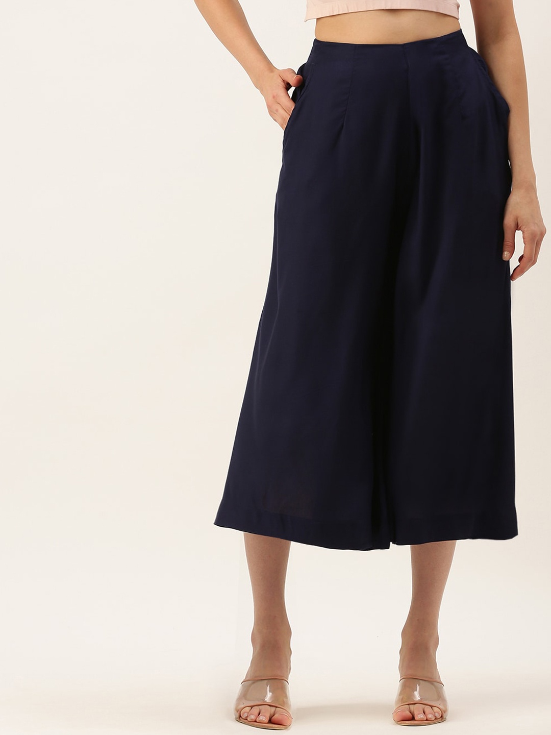De Moza Women Mid-Rise Loose Fit Culottes, Navy blue