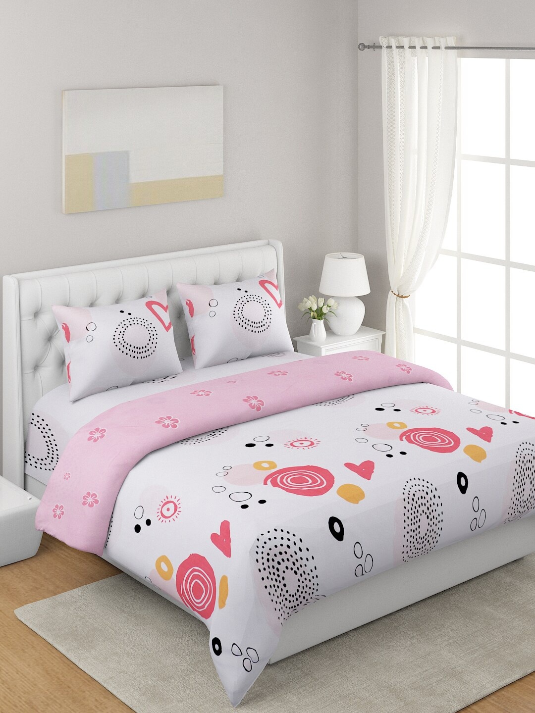 

A Homes Grace White 4-Pcs Printed Double Queen Bedding Set, Pink