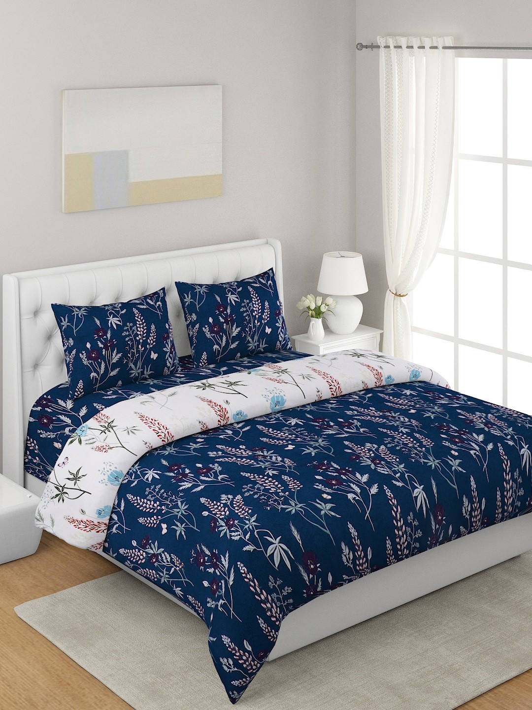 

A Homes Grace Navy Blue 4-Pcs Printed Double Queen Bedding Set