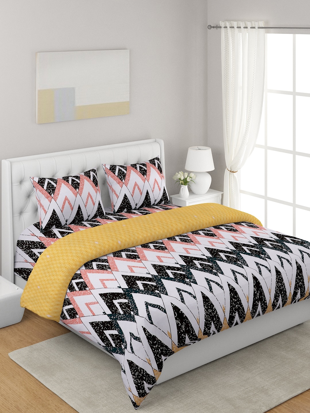 

A Homes Grace Yellow 4-Pcs Printed Double Queen Bedding Set