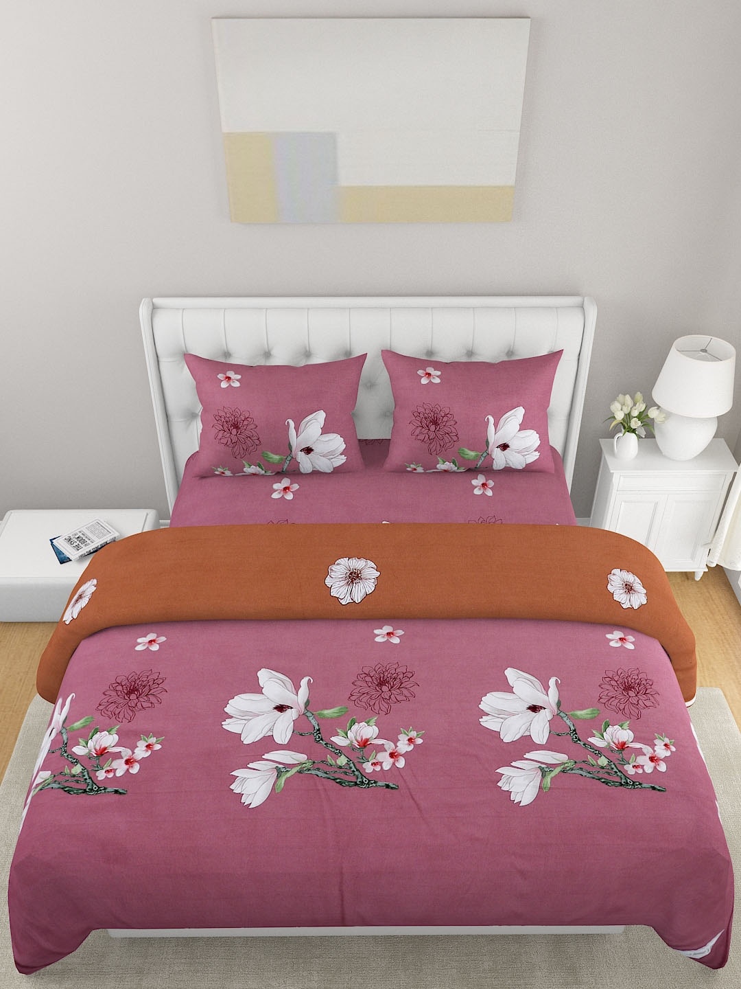 

A Homes Grace Purple & Brown 4-Pcs Floral Printed Double Queen Bedding Set