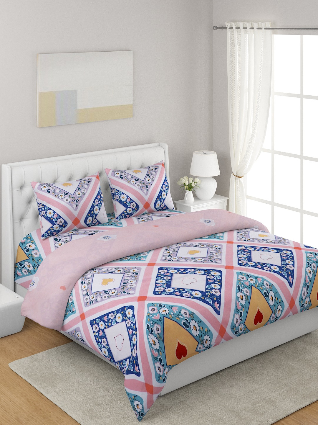 

A Homes Grace White 4-Pcs Printed Double Queen Bedding Set, Pink