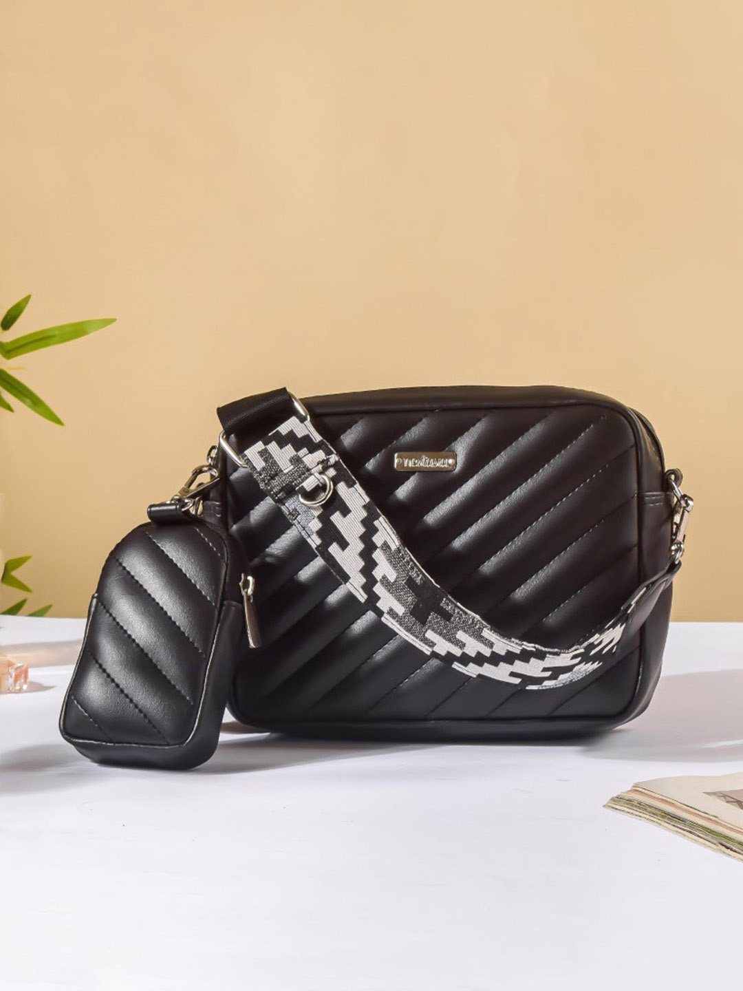 

Nestasia Leather Sling Bag With Pouch, Black