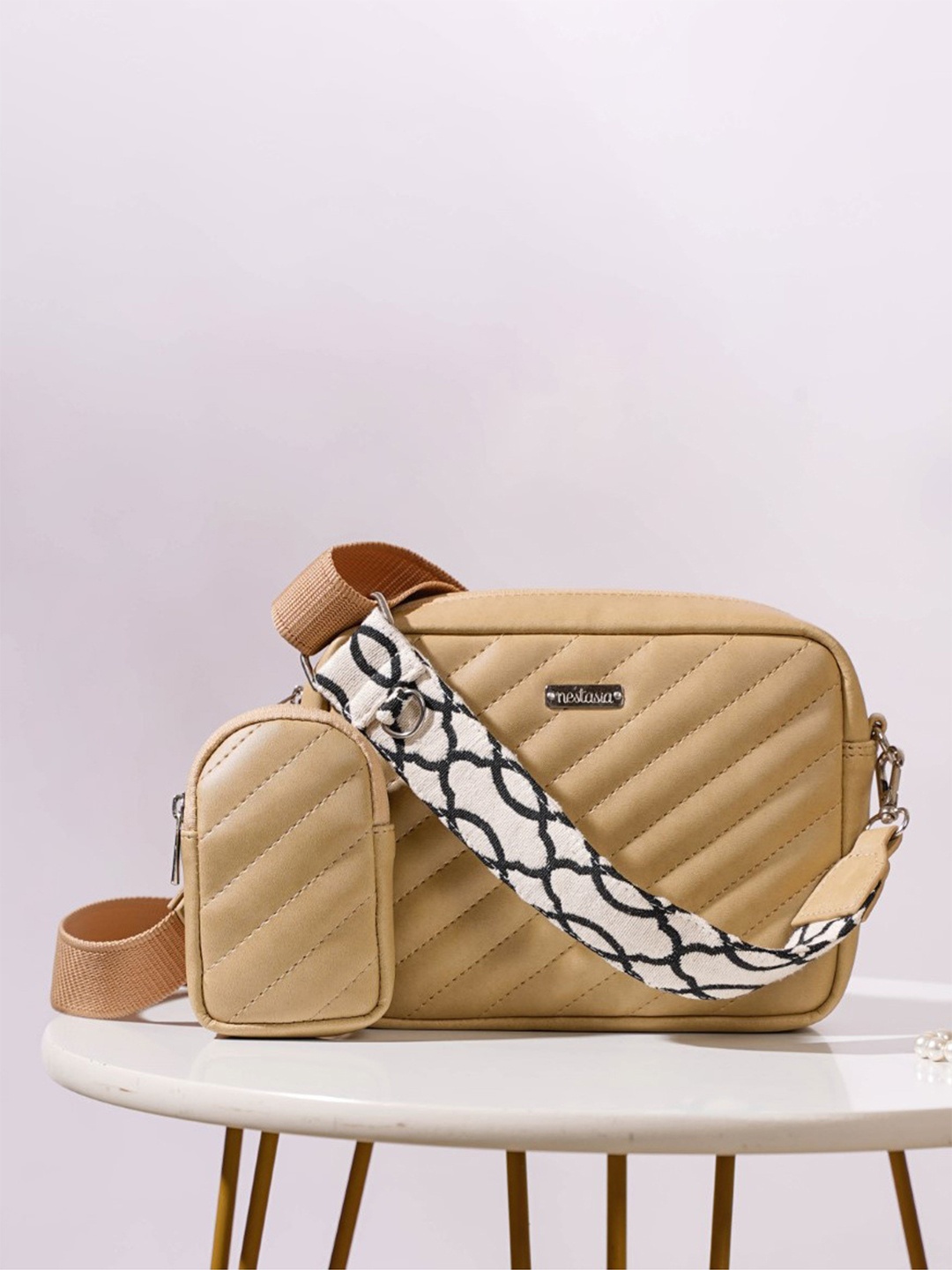 

Nestasia Leather Sling Bag With Pouch, Beige