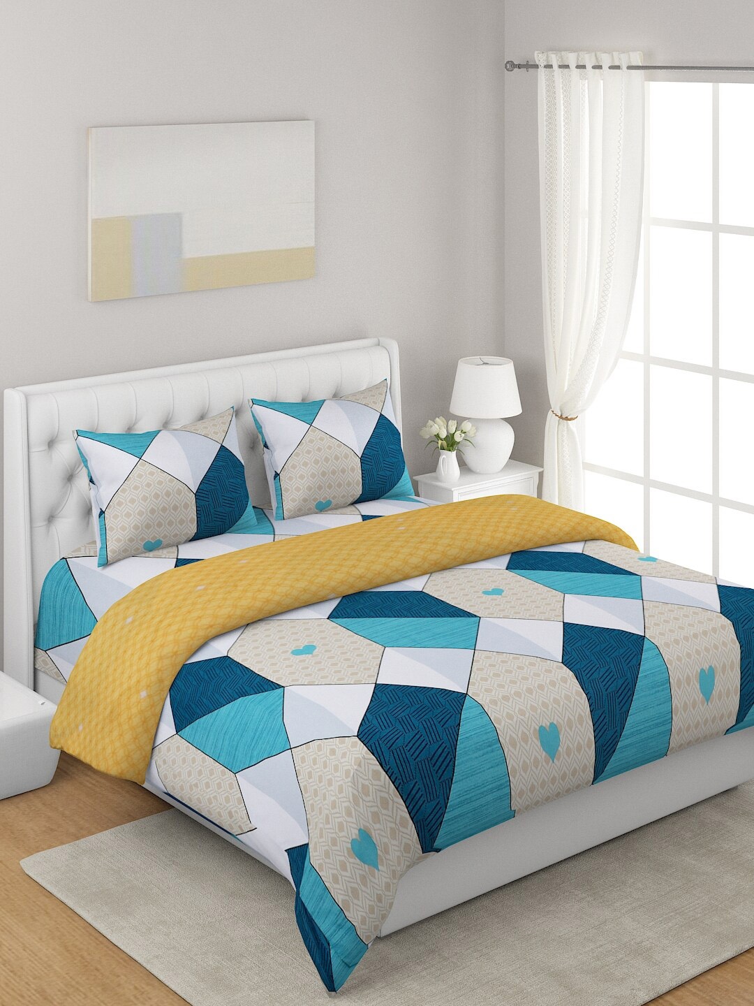 

A Homes Grace Yellow 4-Pcs Printed Double Queen Bedding Set