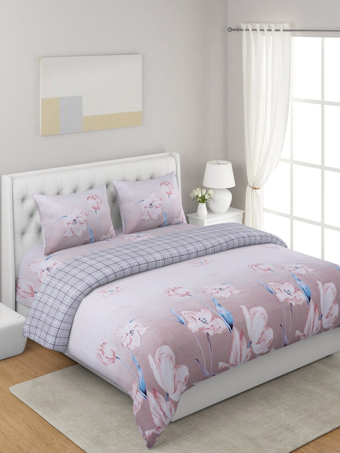 

A Homes Grace Beige & White 4-Pcs Floral Printed Double Queen Bedding Set