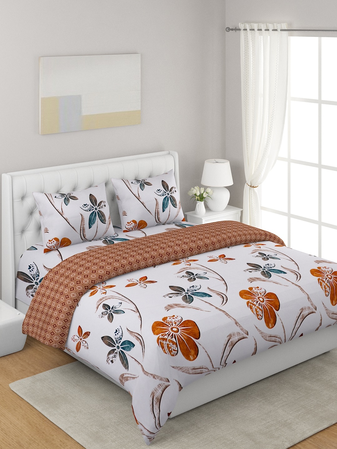 

A Homes Grace White & Brown 4-Pcs Printed Double Queen Reversible Bedding Set