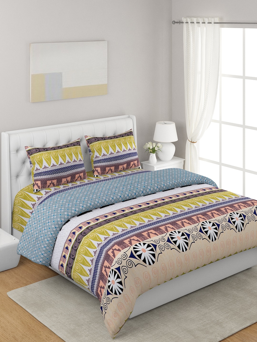 

A Homes Grace Yellow 4-Pcs Printed Double Queen Bedding Set, Blue