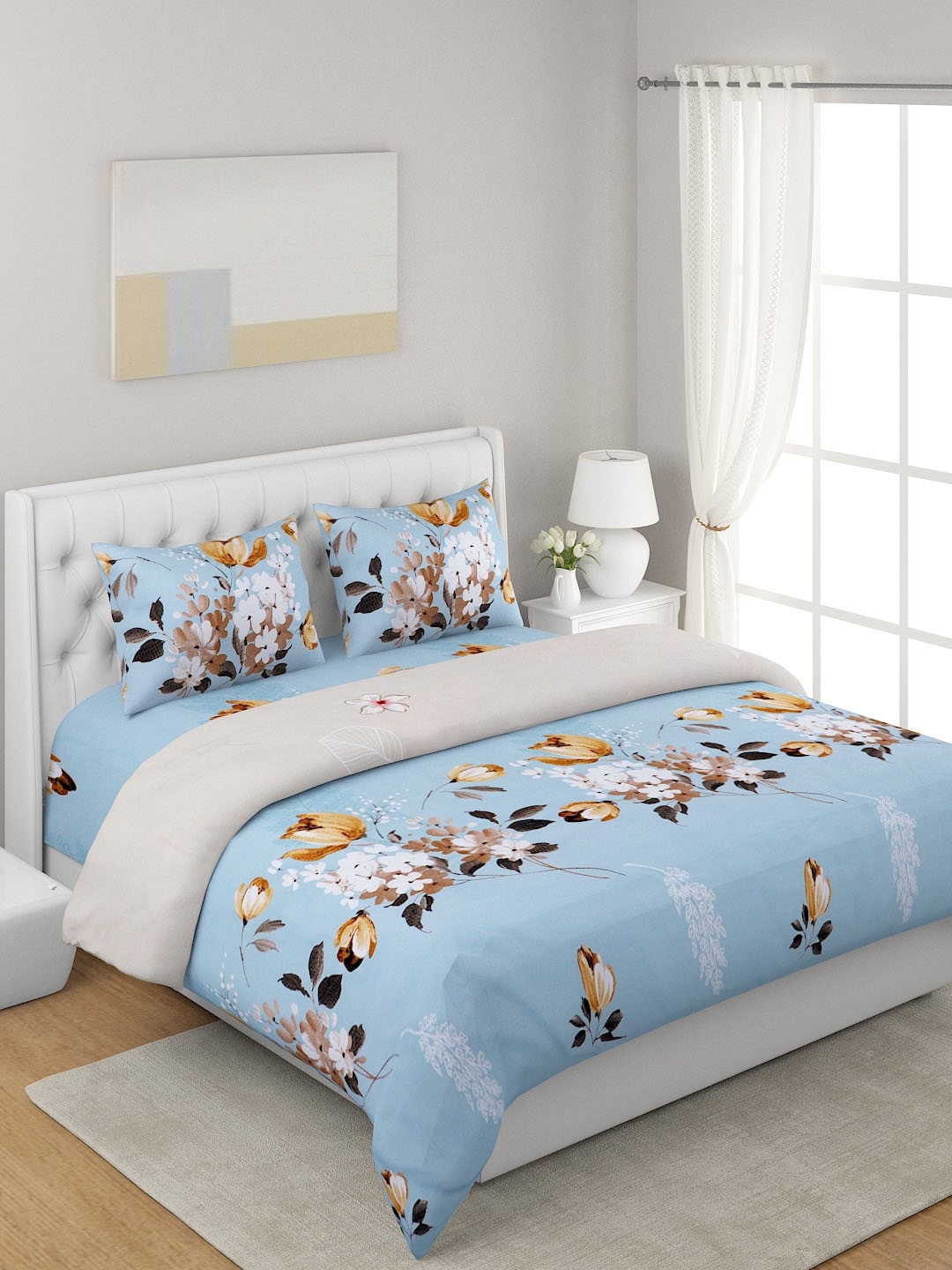 

A Homes Grace White 4-Pcs Printed Double Queen Bedding Set, Blue