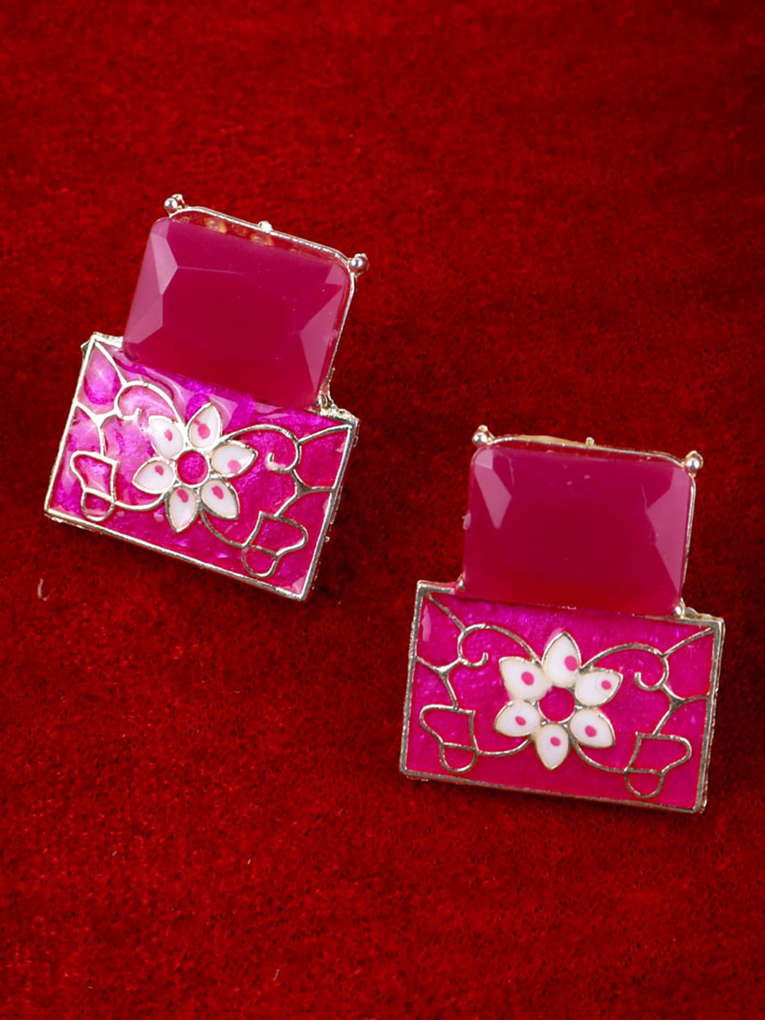 

Krelin Cubic Stone Meenakari Geometric Stud Earrings, Pink