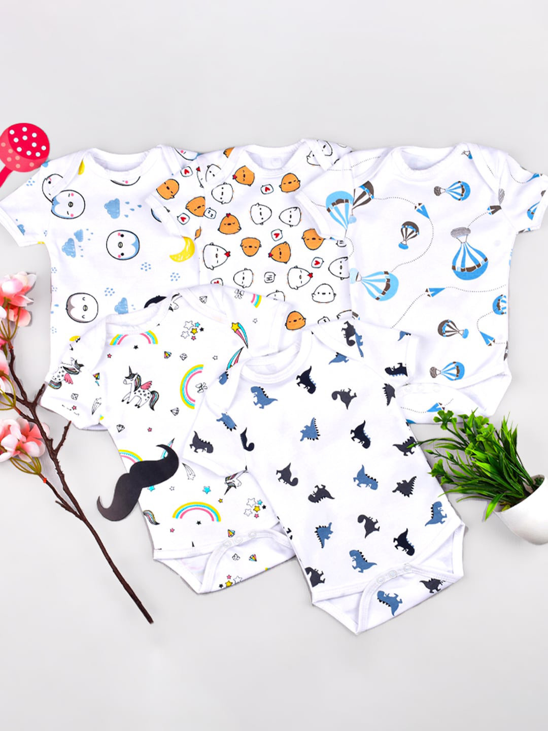 

Moms Home Infants Pack Of 5 Printed Organic Cotton Bodysuit, White