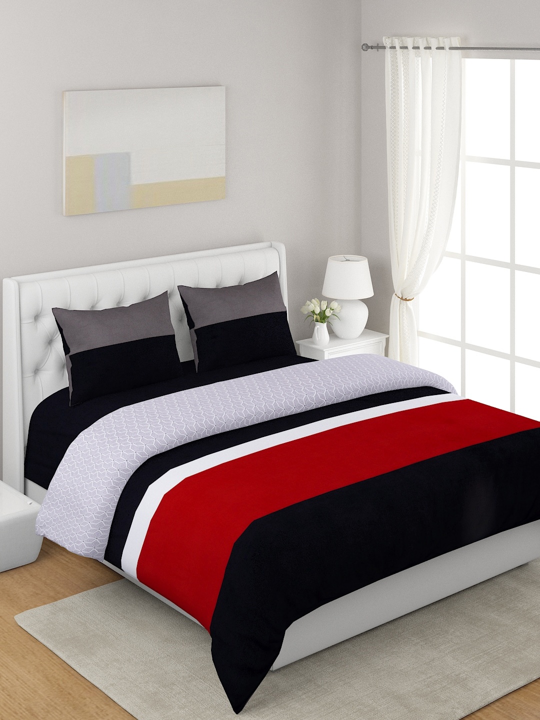 

A Homes Grace Black & Red 4-Pcs Striped Double Queen Bedding Set