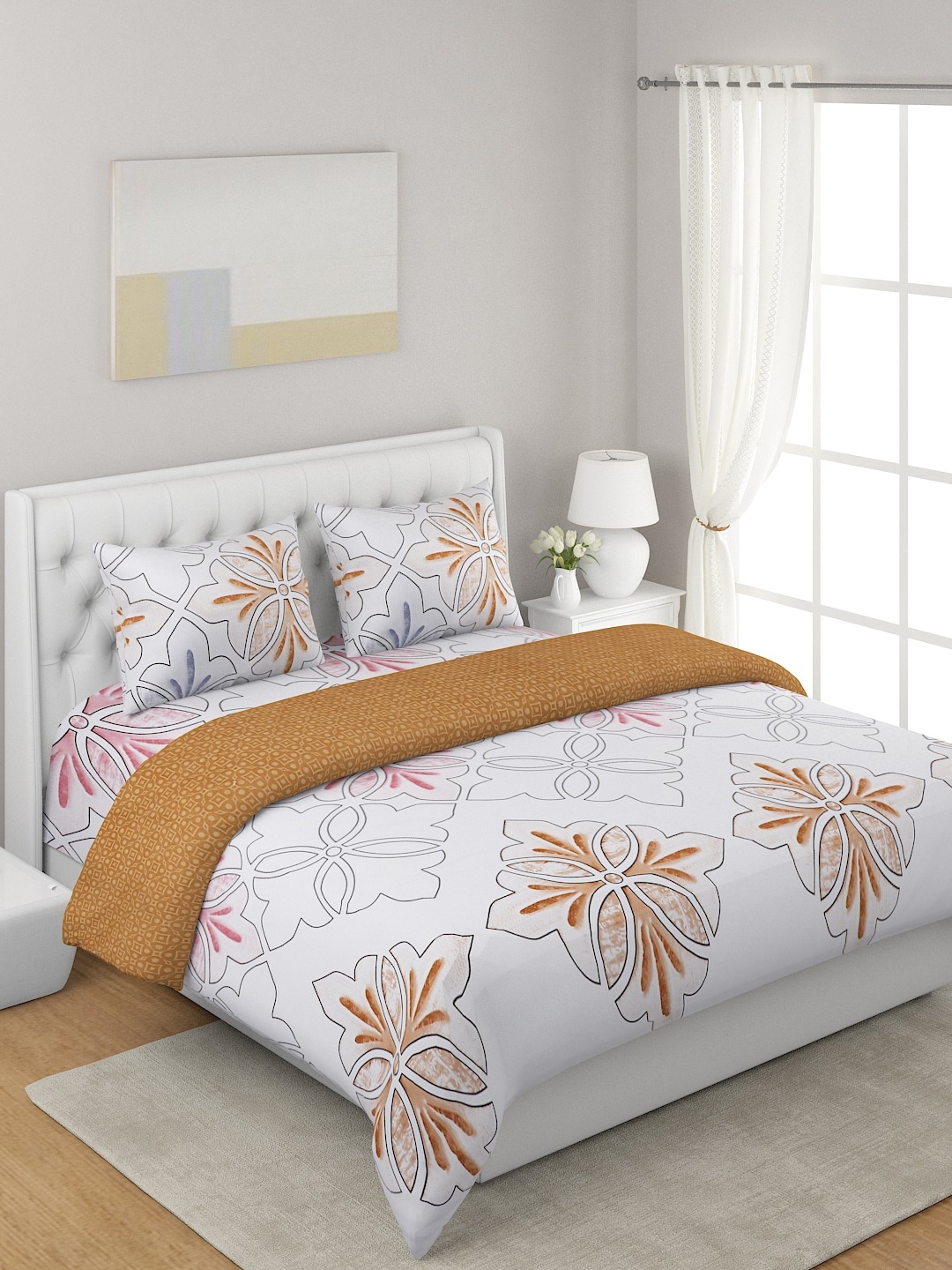

A Homes Grace White 4-Pcs Printed Double Queen Bedding Set, Tan