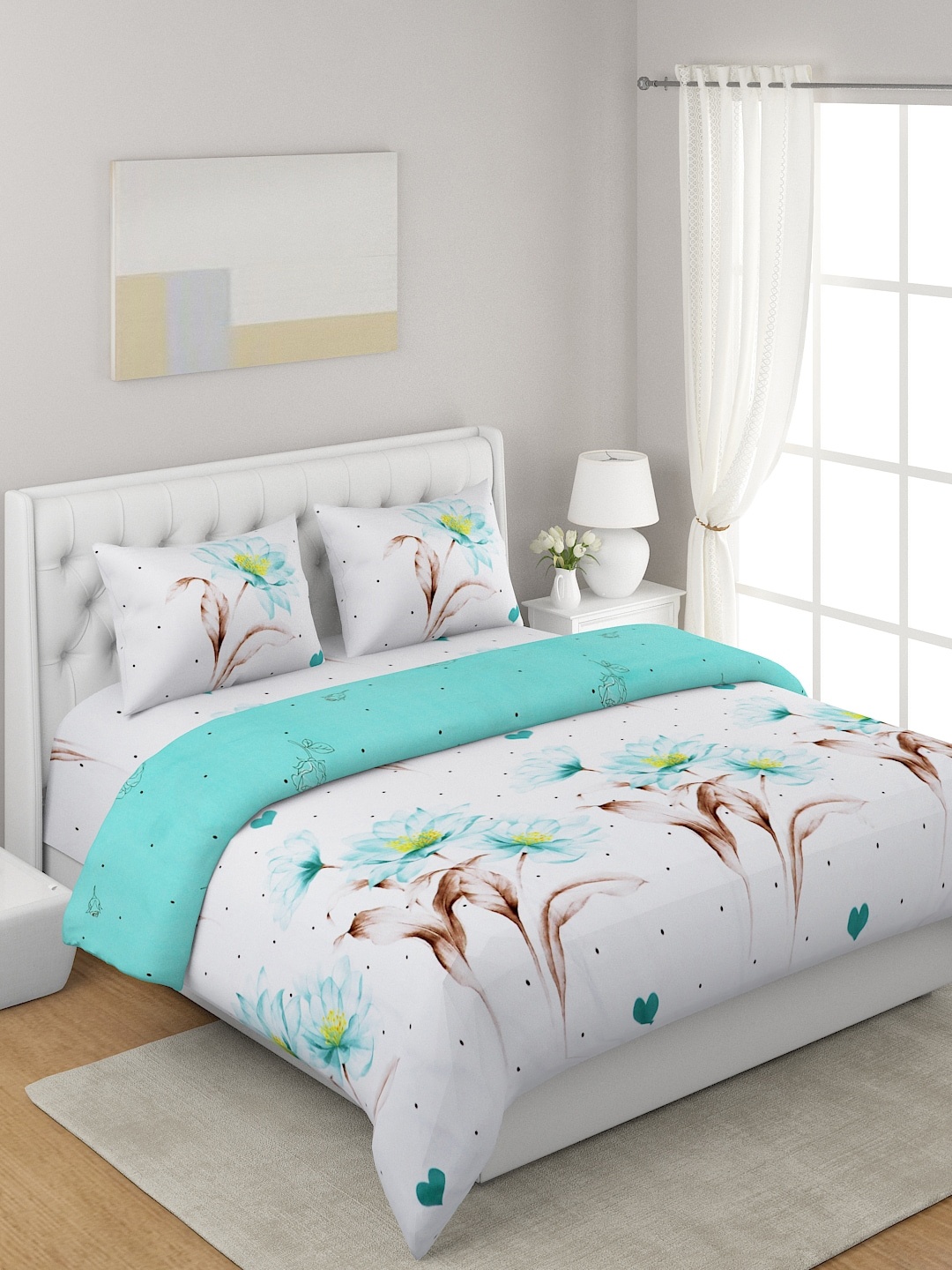 

A Homes Grace White & Green 4-Pcs Floral Printed Double Queen Bedding Set