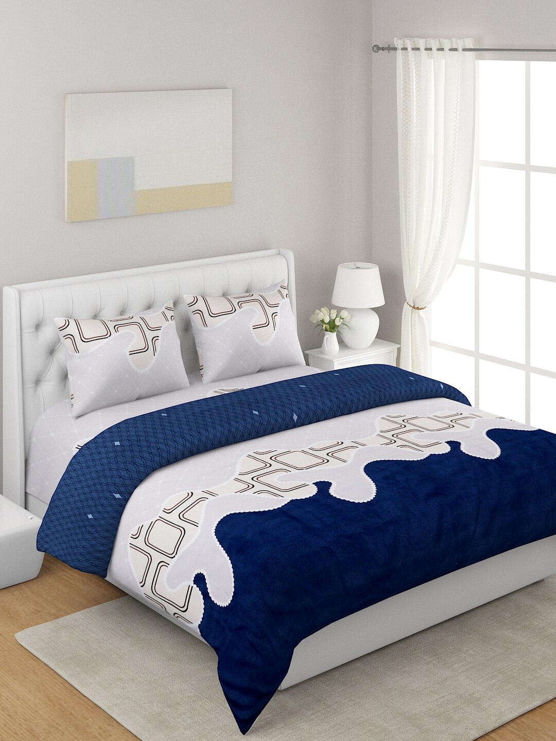

A Homes Grace Blue & Grey 4-Pcs Printed Double Queen Bedding Set