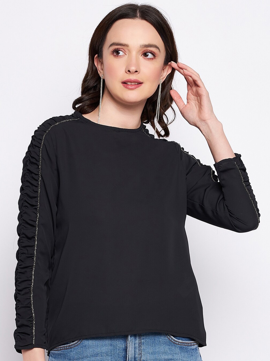 

Madame Round Neck Ruched Regular Top, Black