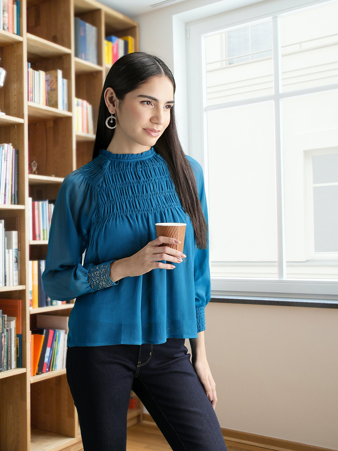 

Madame High Neck Smocking A-Line Top, Teal