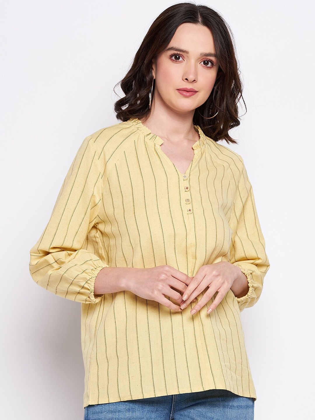 

Madame Striped Mandarin Collar Shirt Style Top, Mustard