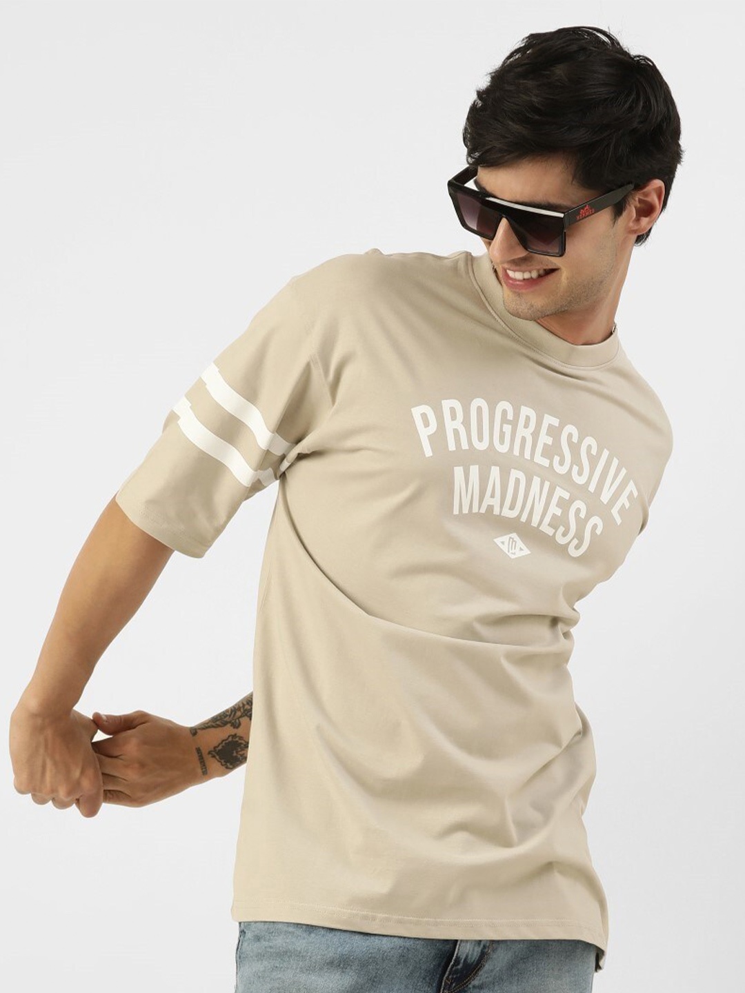

Maniac Typography Printed Drop-Shoulder Sleeves Pure Cotton Boxy T-shirt, Beige