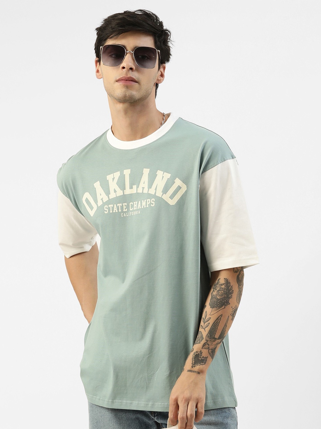 Maniac Typography Printed Boxy Pure Cotton T-shirt, Green