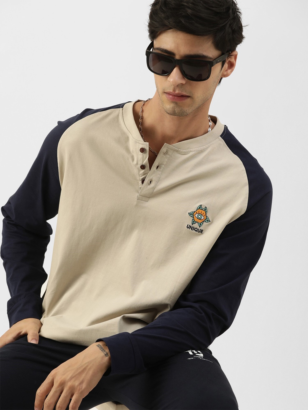 

Maniac Colourblocked Boxy Pure Cotton T-shirt, Beige