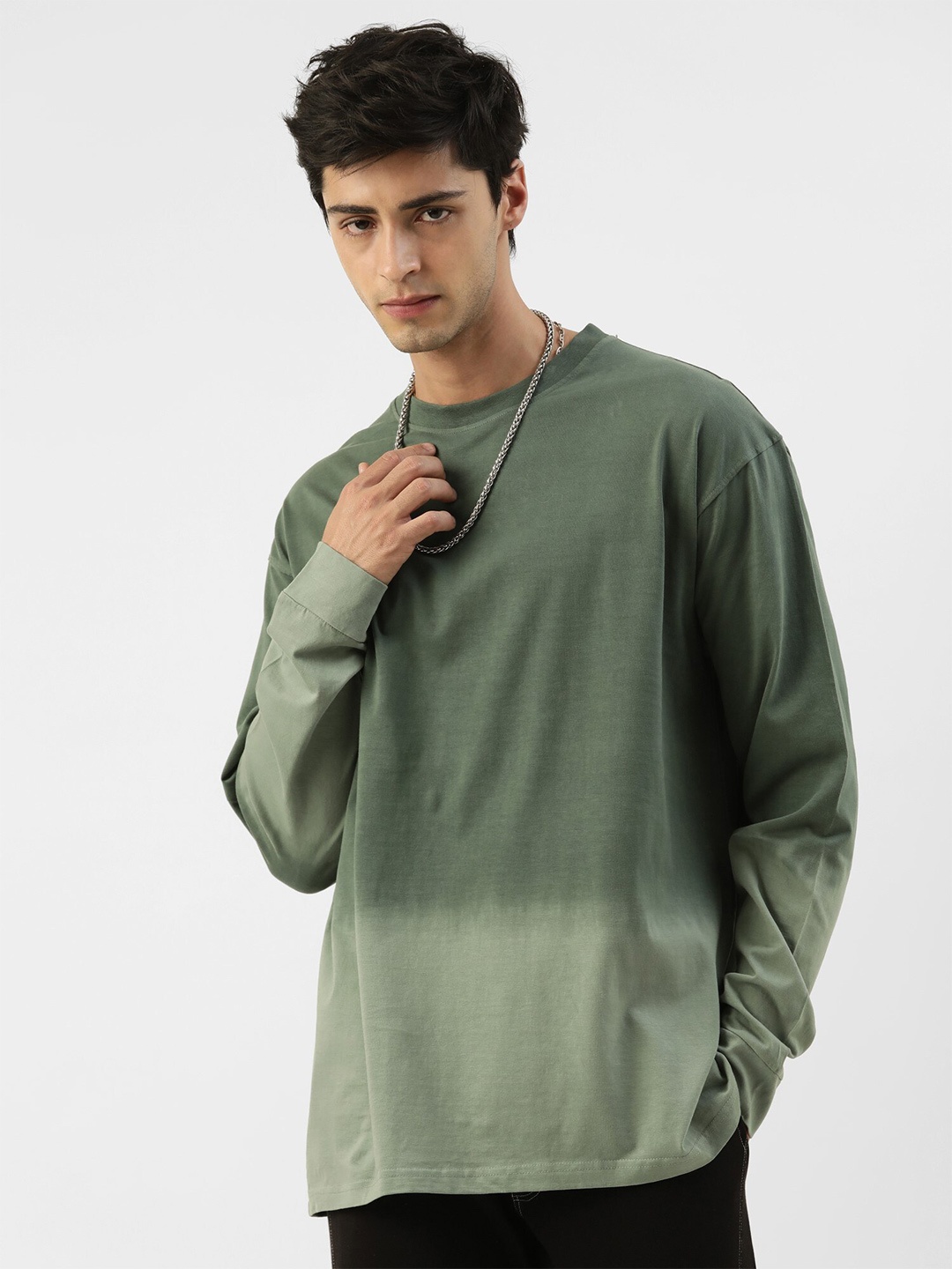 

Maniac Ombre Dyed Drop Shoulder Sleeves Pure Cotton Oversized Fitted T-shirt, Green