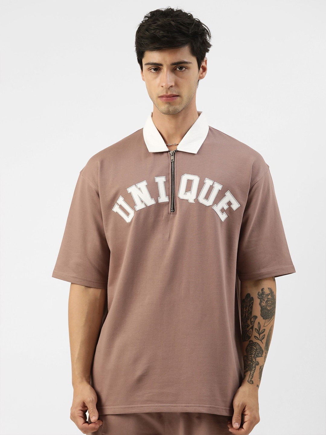 

Maniac Typography Printed Zip Polo Collar Boxy T-shirt, Brown