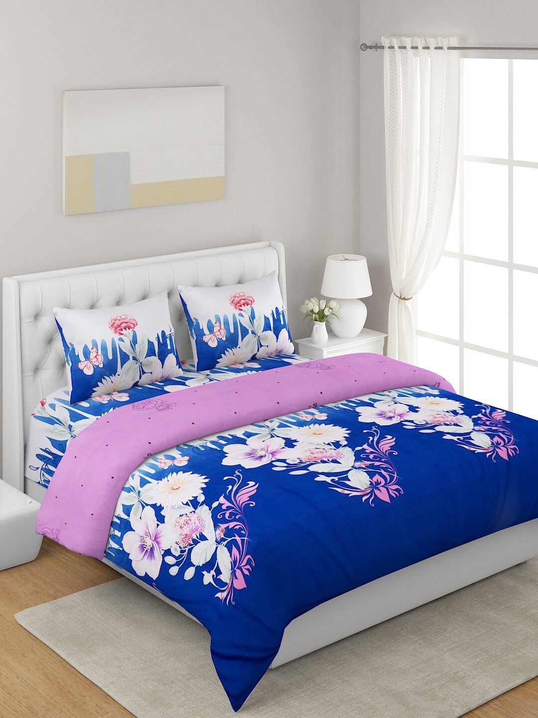 

A Homes Grace Blue & Purple 4-Pcs Floral Printed Double Queen Reversible Bedding Set