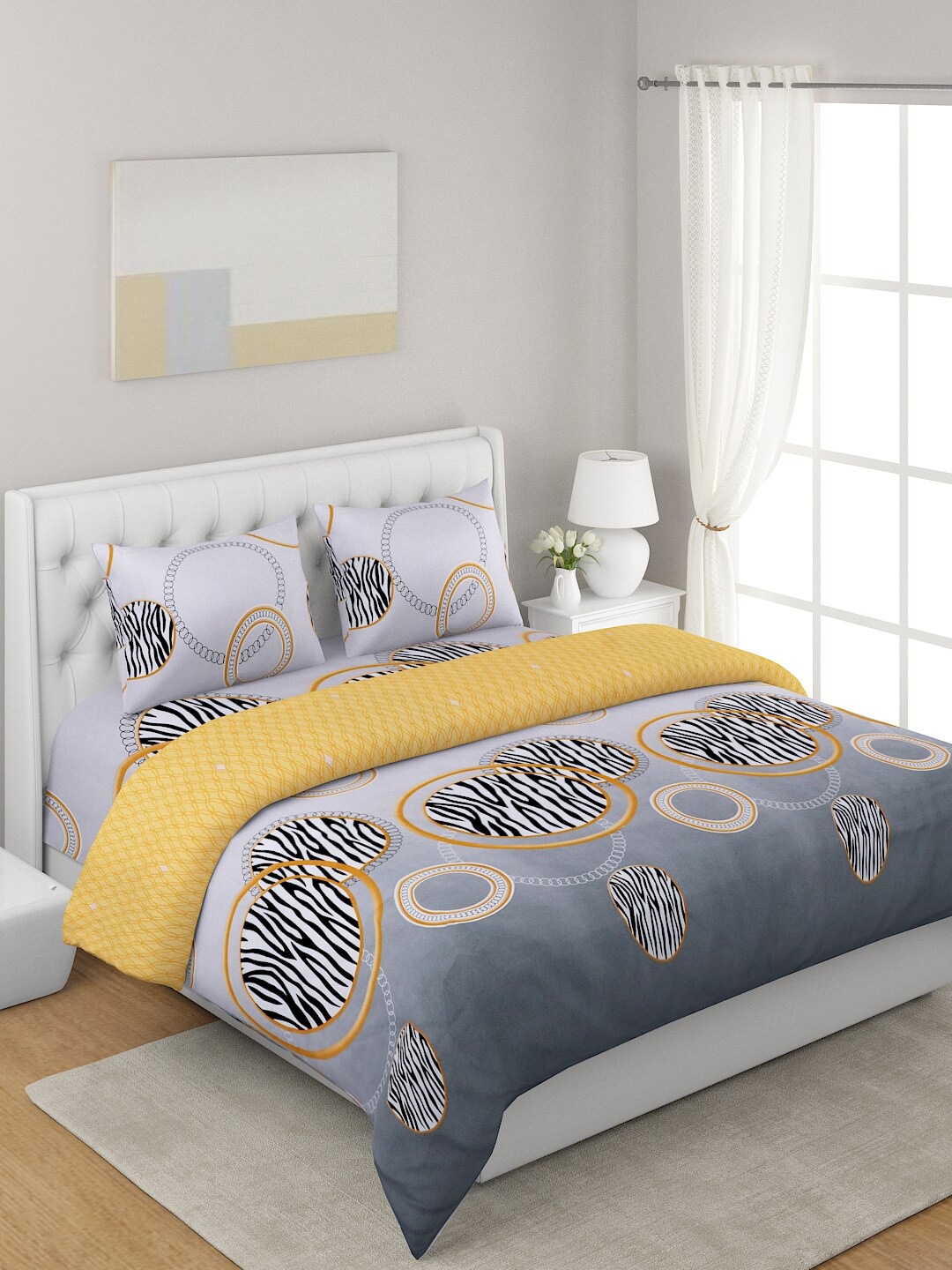 

A Homes Grace Yellow & Grey 4-Pcs Printed Double Queen Bedding Set