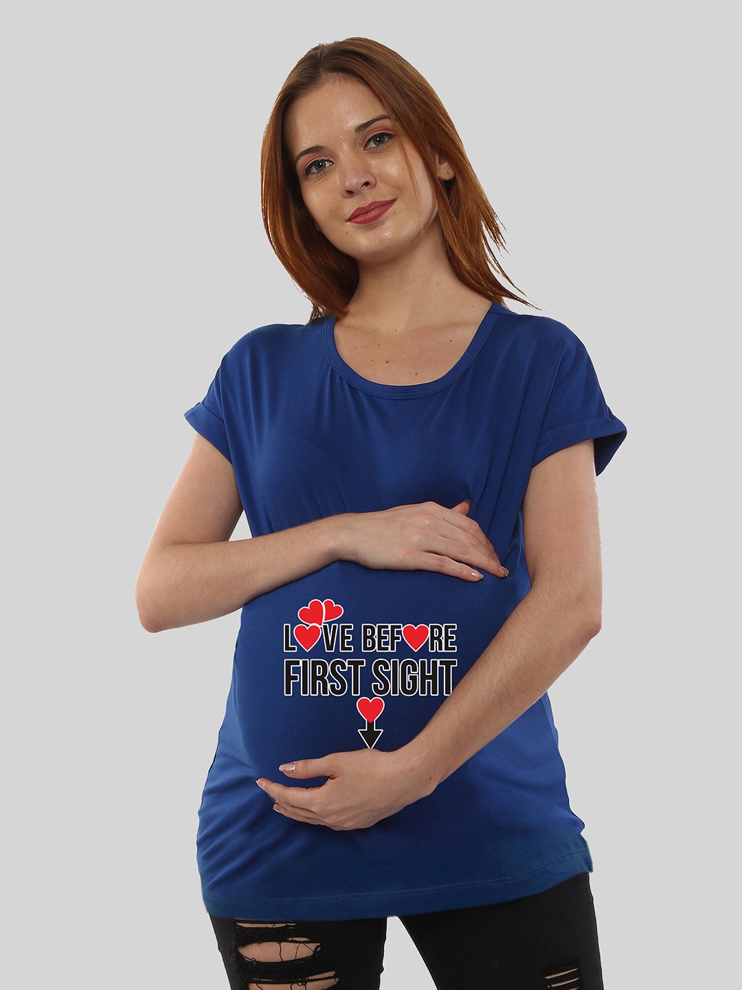 SillyBoom Typography Printed Maternity Cotton T-shirt, Blue