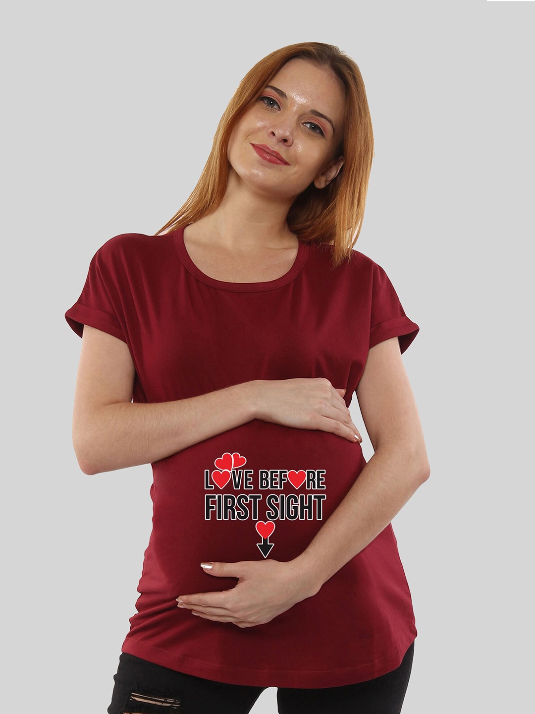 SillyBoom Maternity Round Neck Graphic Printed Cotton T-shirt, Maroon