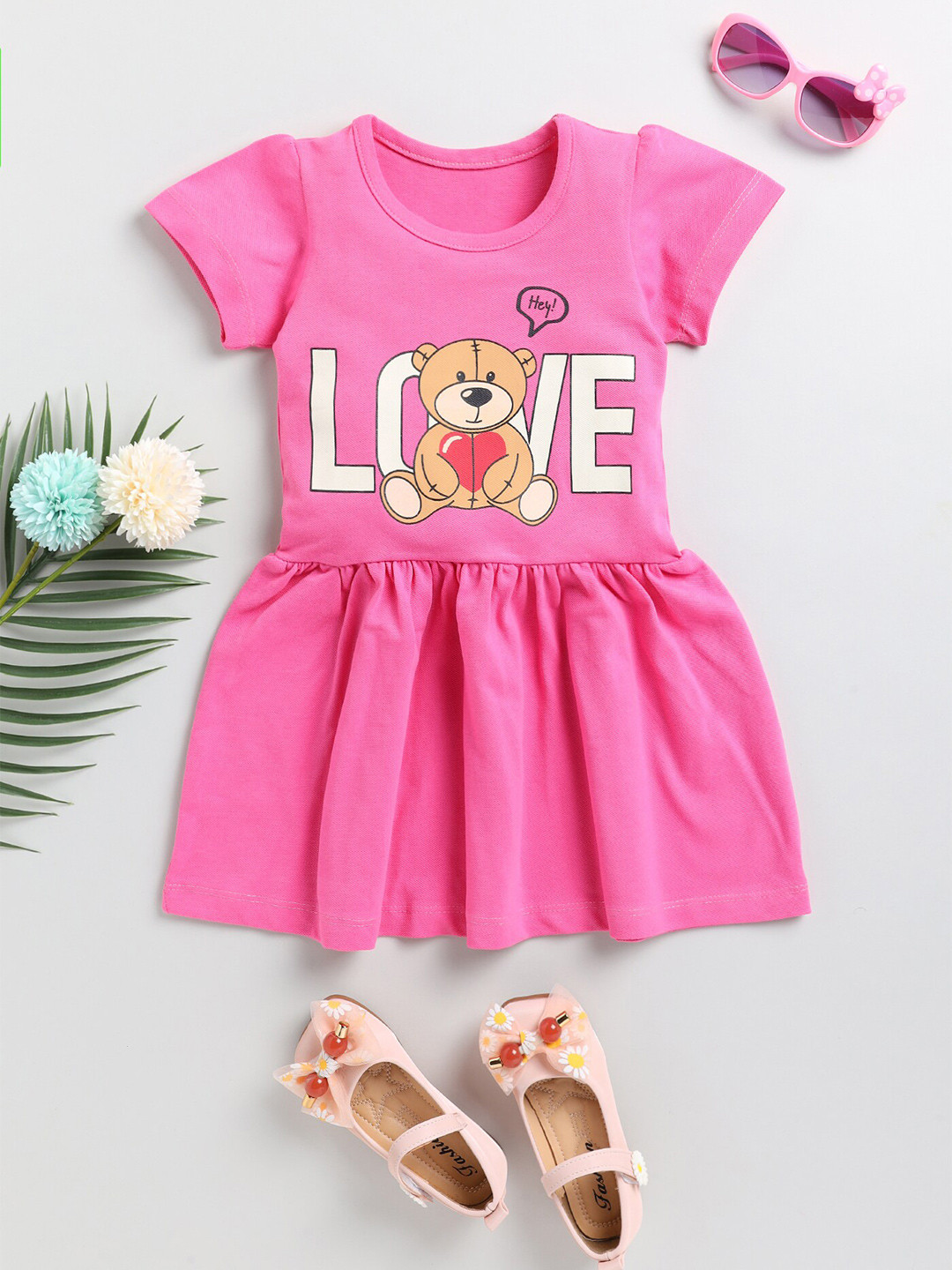 

YK Girls Round Neck Graphic Cotton Fit And Flare Dress, Pink