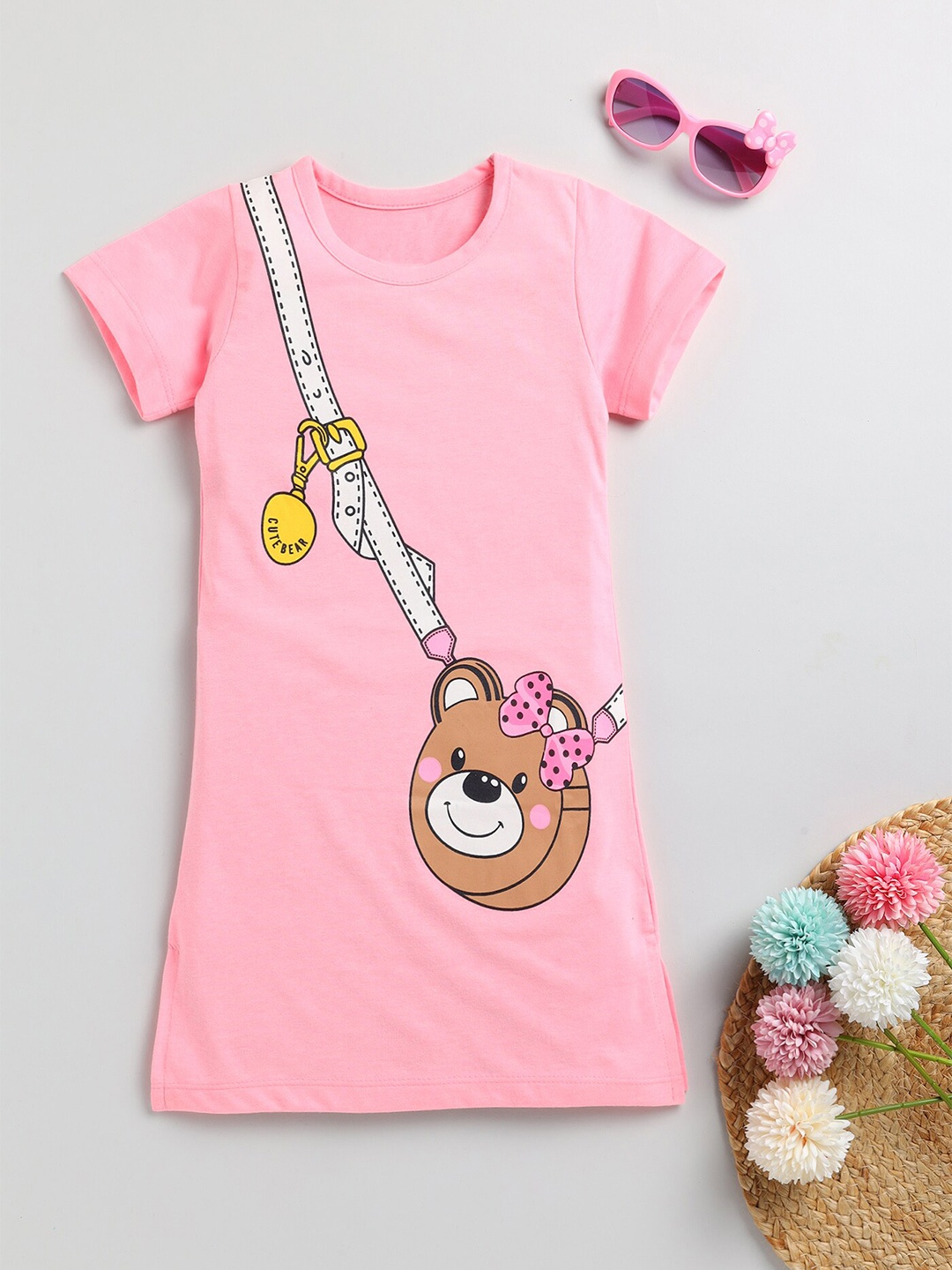 YK Girls Round Neck Graphic Cotton T-Shirt Dress, Pink