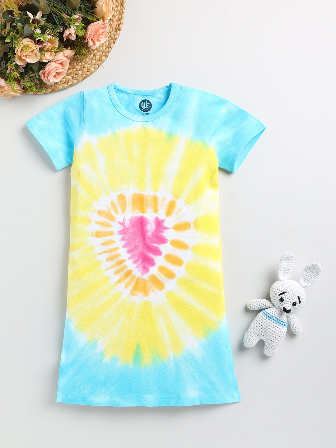 

YK Girls Round Neck Tie and Dye Cotton T-shirt Dress, White