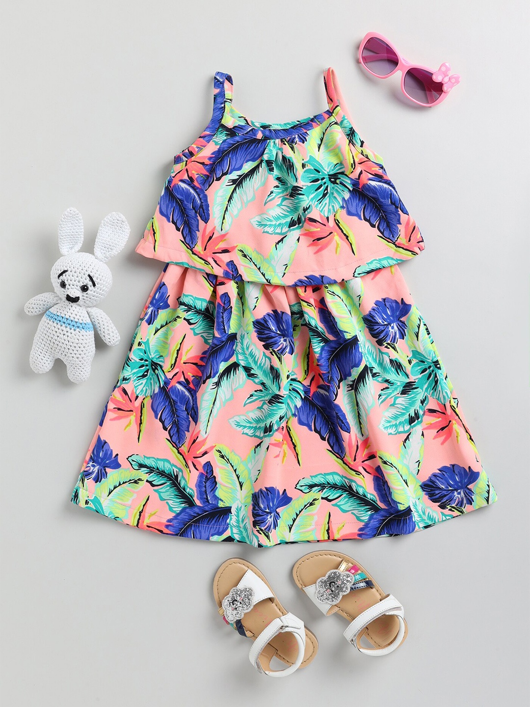 

YK Girls Shoulder Straps Tropical Printed A-Line Dress, Blue