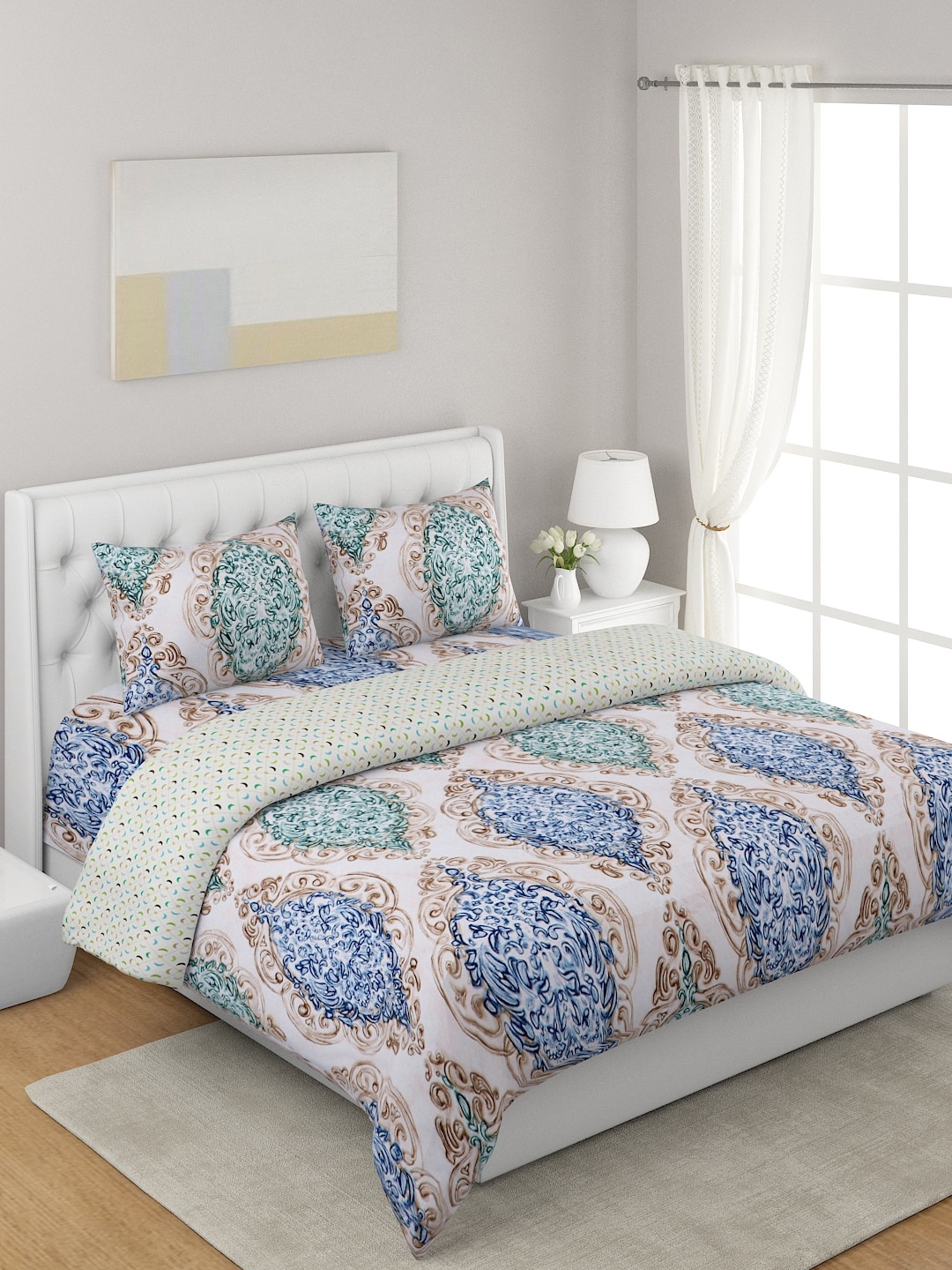 

A Homes Grace White 4-Pcs Printed Double Queen Bedding Set, Green