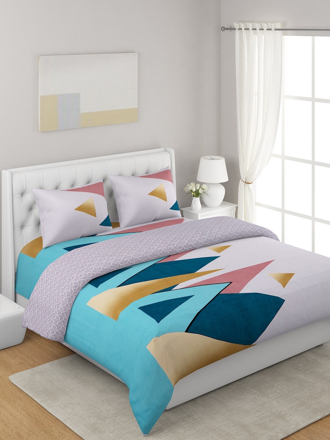 

A Homes Grace White & Blue 4-Pcs Printed Double Queen Bedding Set