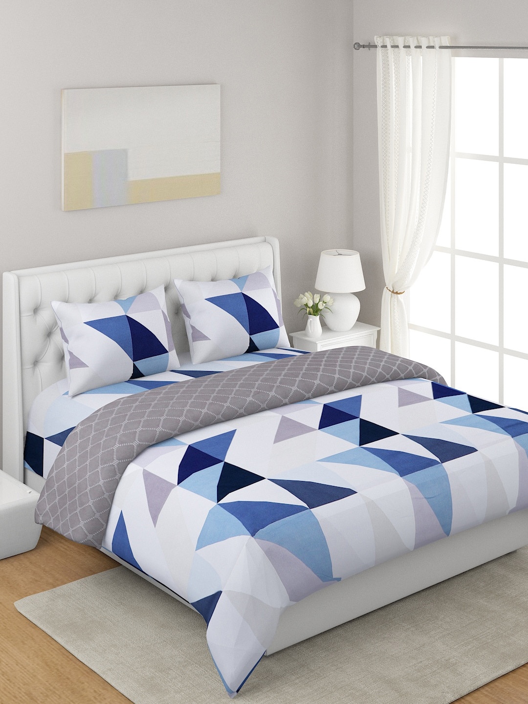 

A Homes Grace Blue & Grey 4-Pcs Printed Double Queen Reversible Bedding Set