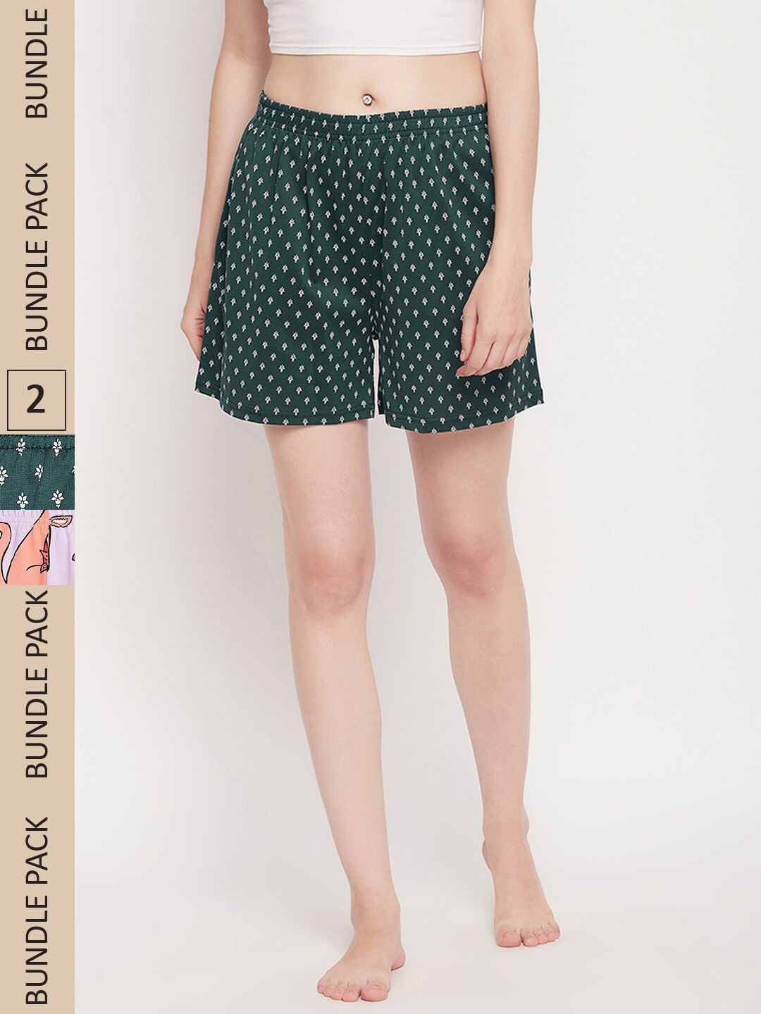 

Clovia Women Pack Of 2 Mid-Rise Printed Cotton Lounge Shorts, Green