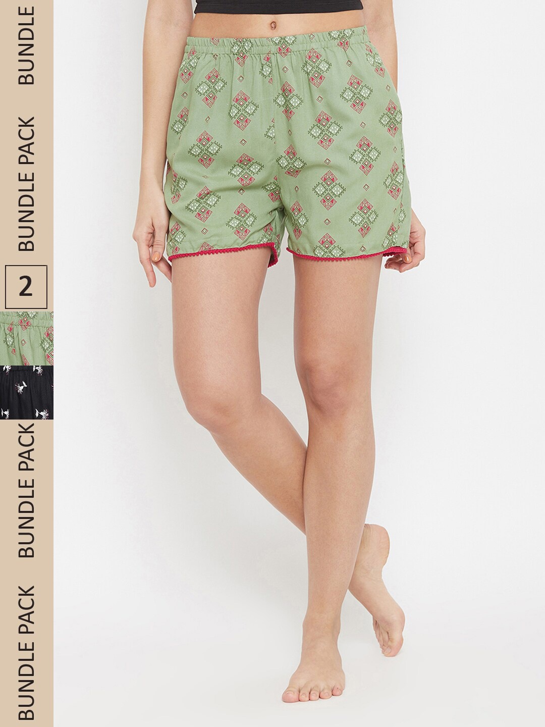 

Clovia Women Pack Of 2 Mid-Rise Printed Lounge Shorts, Olive