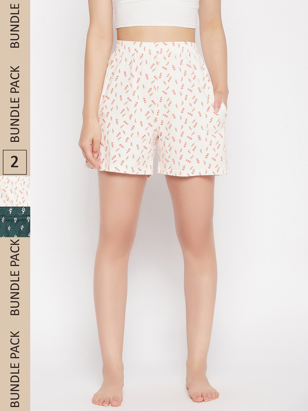 

Clovia Women Pack Of 2 Mid-Rise Printed Cotton Lounge Shorts, White