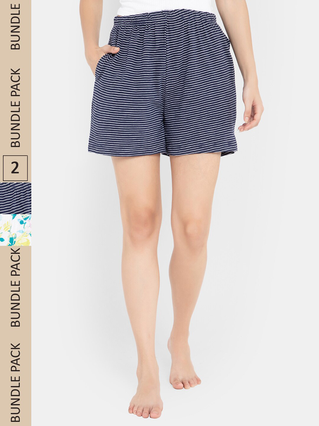 

Clovia Women Pack Of 2 Mid-Rise Printed Cotton Lounge Shorts, Navy blue