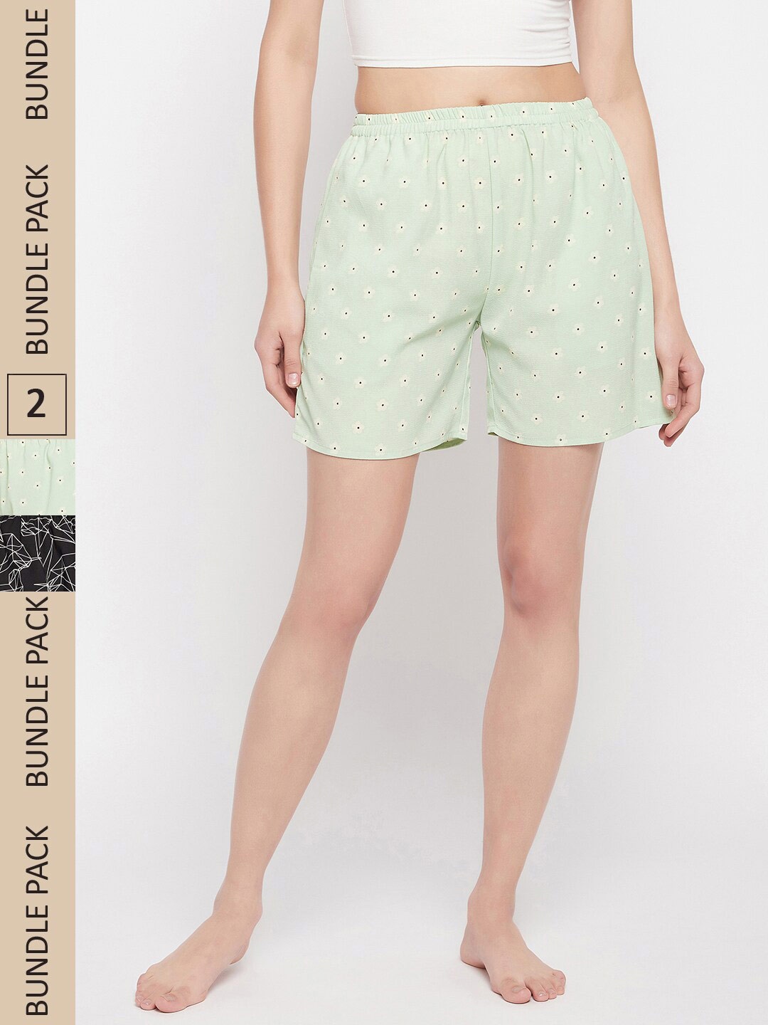 

Clovia Women Pack Of 2 Mid-Rise Printed Lounge Shorts, Sea green