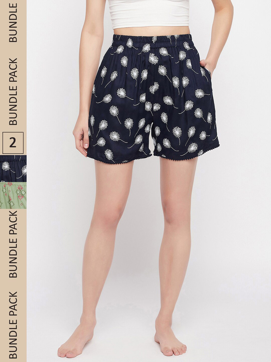 

Clovia Women Pack Of 2 Printed Mid-Rise Lounge Shorts, Green